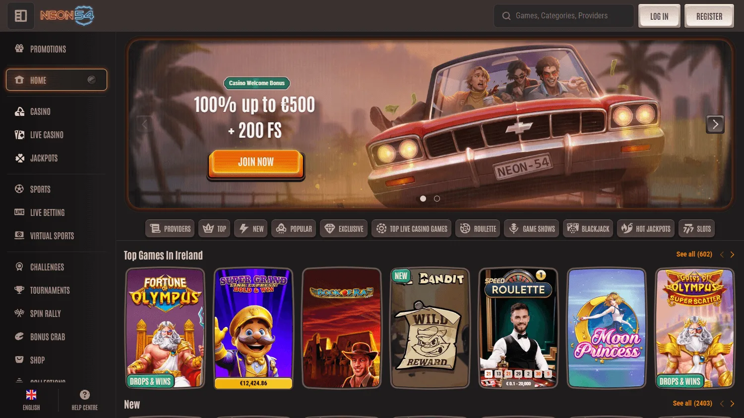 Neon54 Casino desktop home interface with account and casino access