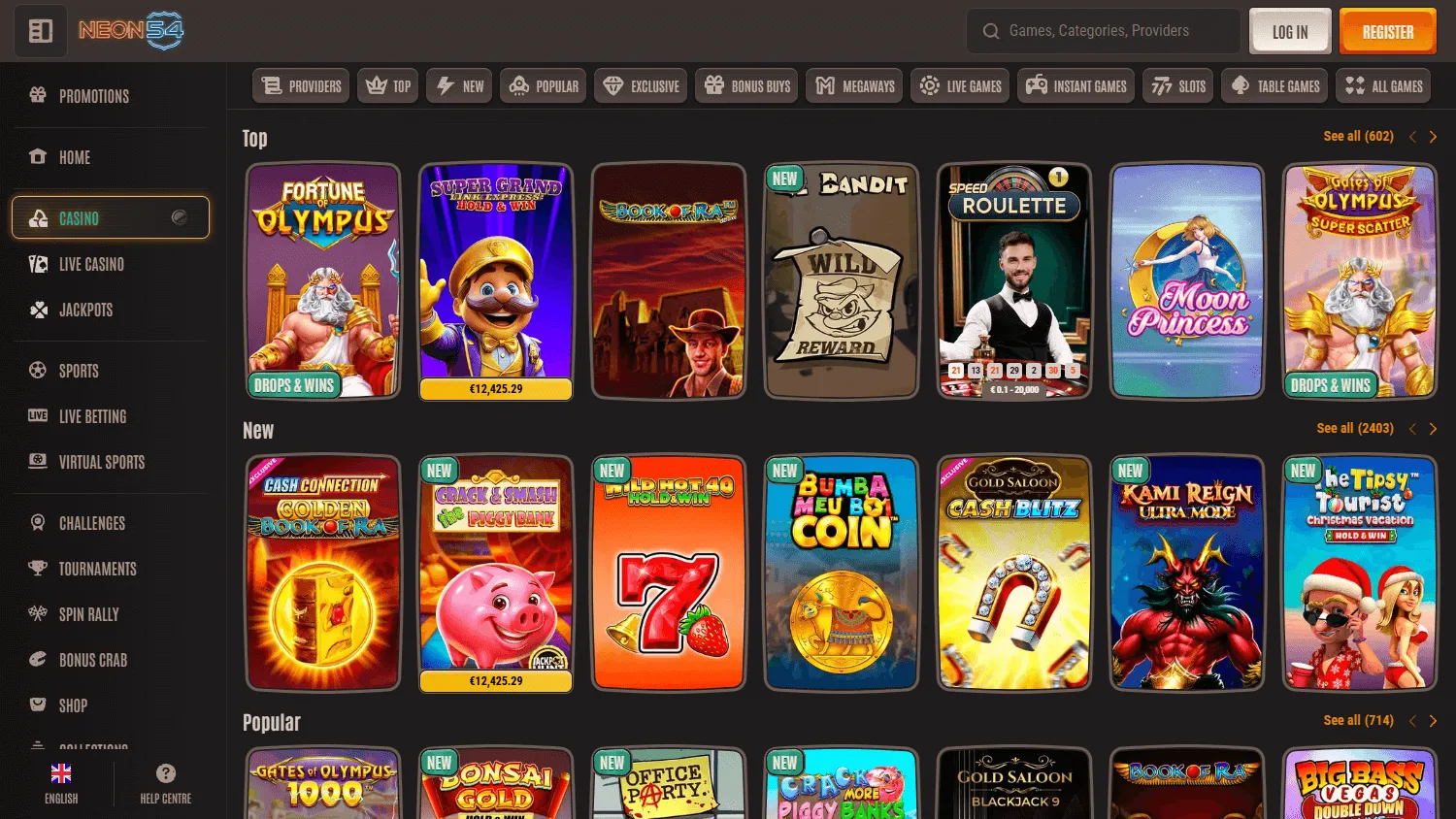 Neon54 Casino desktop games interface with casino categories