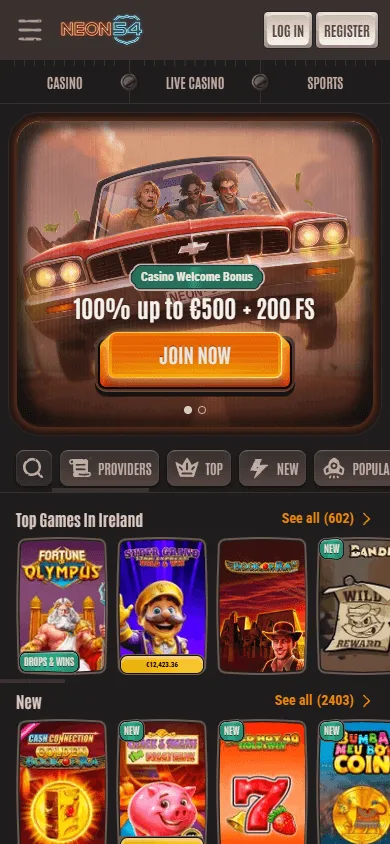 Neon54 Casino mobile browser home interface