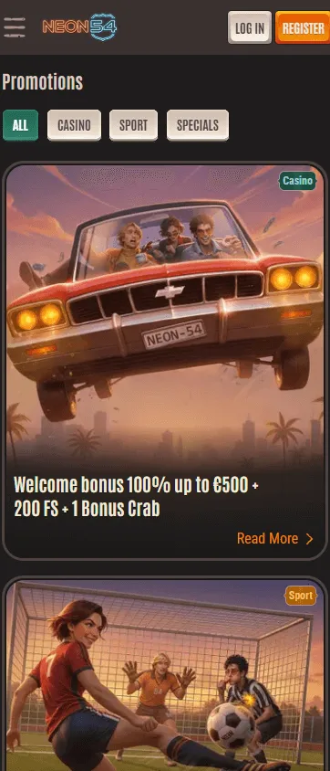 Neon54 Casino mobile promotions interface with bonus offers