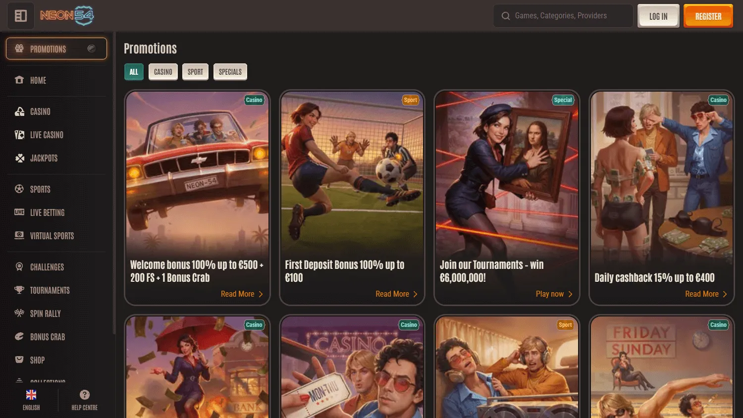 Neon54 Casino desktop promotions interface with bonus offers