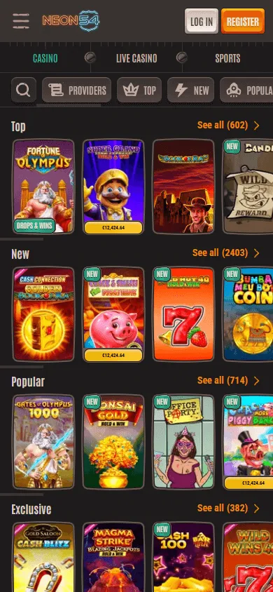 Neon54 Casino mobile games interface with casino categories